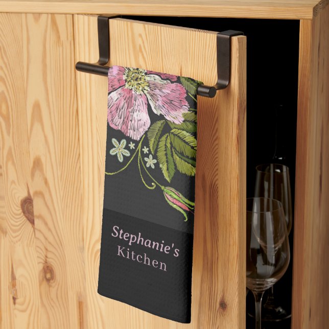 Personalize Floral Embroidery Pattern Black Backgr Kitchen Towel (Thirds Fold)