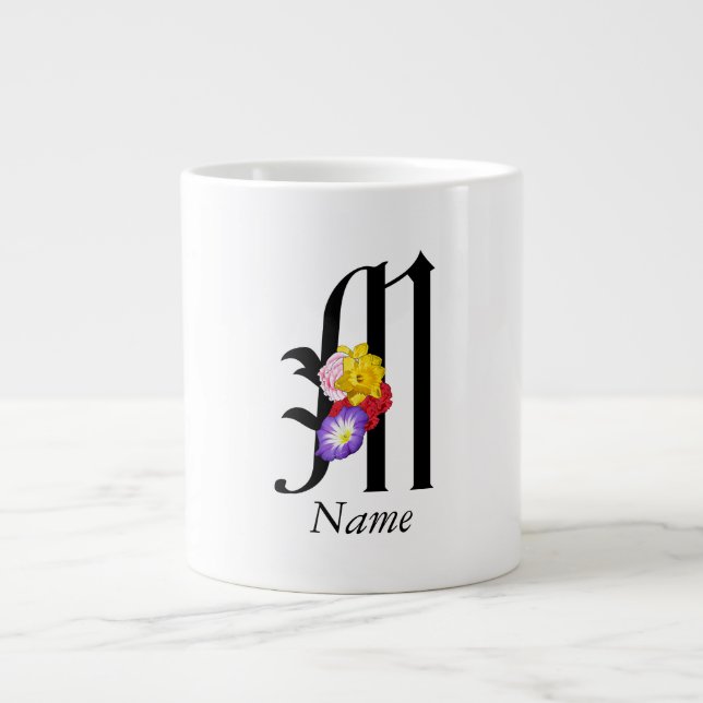 Personalize Floral Monogram M + Name  Large Coffee Mug (Front)