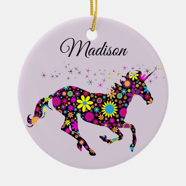 Personalize Floral Unicorn With Name Ceramic Ornament (Front)