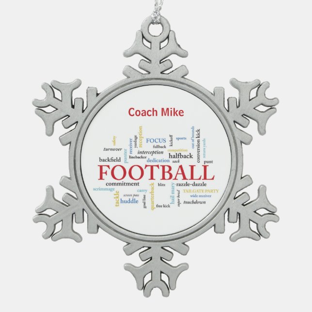 Personalize, Football Coach Thank You in Words Snowflake Pewter Christmas Ornament (Front)