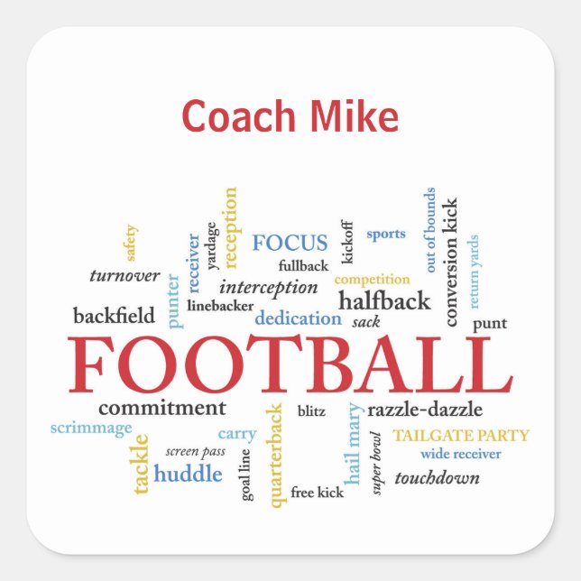 Personalize, Football Coach Thank You in Words Square Sticker (Front)