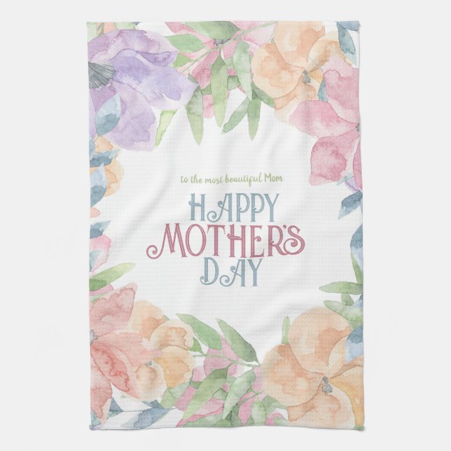 Personalize Four Flowers Watercolor Mother's Day  Kitchen Towel (Vertical)