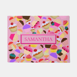 Personalize .. Fun, Bright Pink Cupcake Doormat