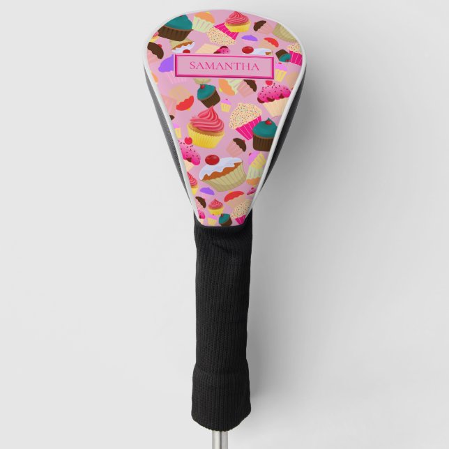 Personalize .. Fun, Bright Pink Cupcake Golf Head Cover (Front)