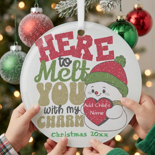 PERSONALIZE  Fun ''Kids Snowman Reds & Greens  Glass Ornament