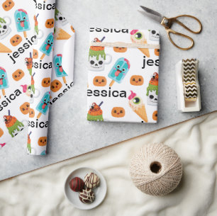 Personalize Funny Ice Cream & Pumpkins Pattern Wrapping Paper