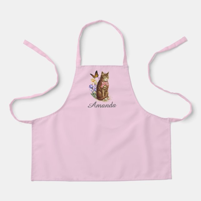 Personalize Garden Cat Pink Print Apron (Front)