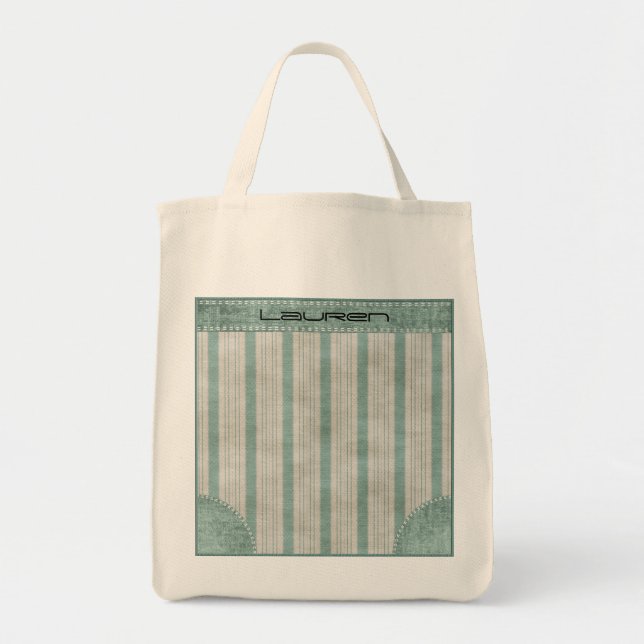 Personalize Geometric Aqua & White Linen Stripes Tote Bag (Front)
