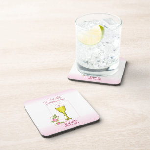 Personalize Girl Name Pink First Holy Communion Coaster
