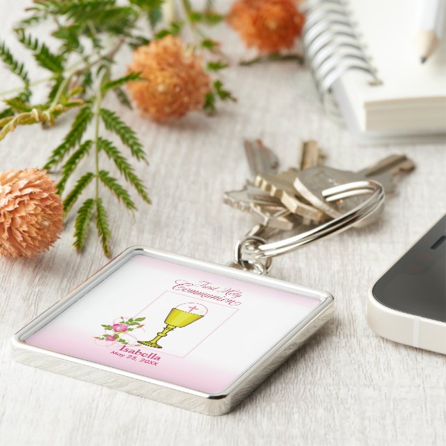 Personalize Girl Name Pink First Holy Communion Keychain (Side)
