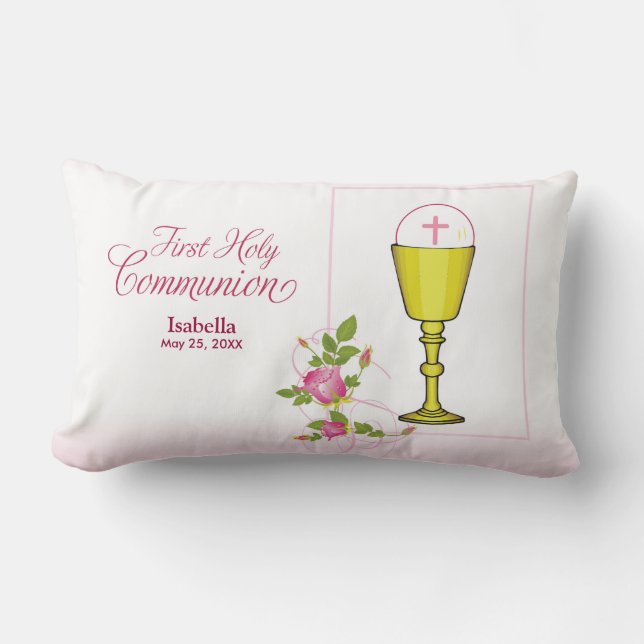 Personalize Girl Name Pink First Holy Communion Lumbar Pillow (Front)