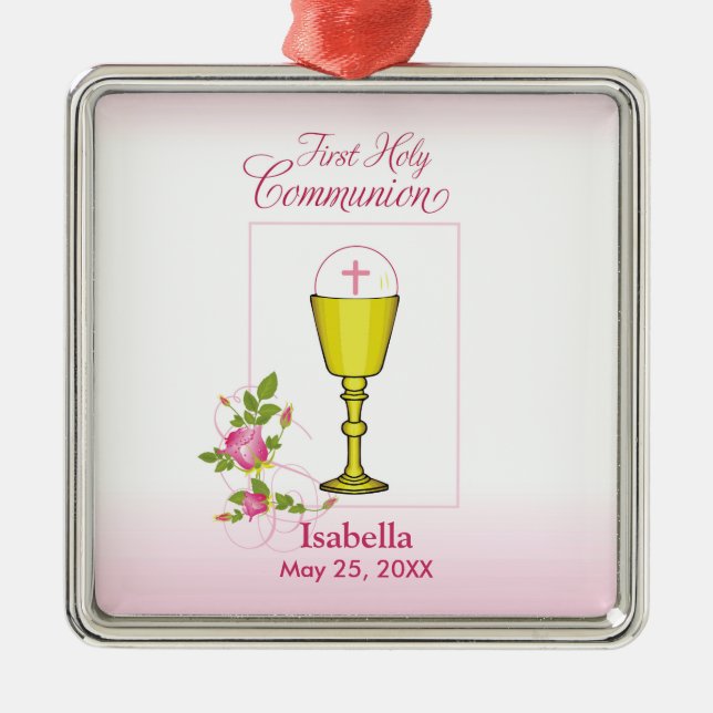 Personalize Girl Name Pink First Holy Communion Metal Ornament (Front)