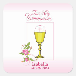 Personalize Girl Name Pink First Holy Communion Square Sticker