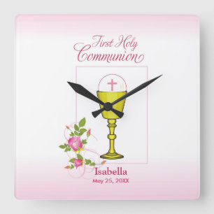 Personalize Girl Name Pink First Holy Communion Square Wall Clock
