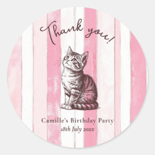 Personalize Girl Vintage Pink Kitten Birthday Classic Round Sticker