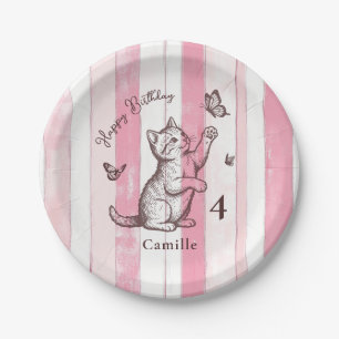 Personalize Girl Vintage Pink Kitten Birthday Paper Plate