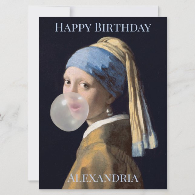Personalize Girl with pearl earring blowing gum  (Front)