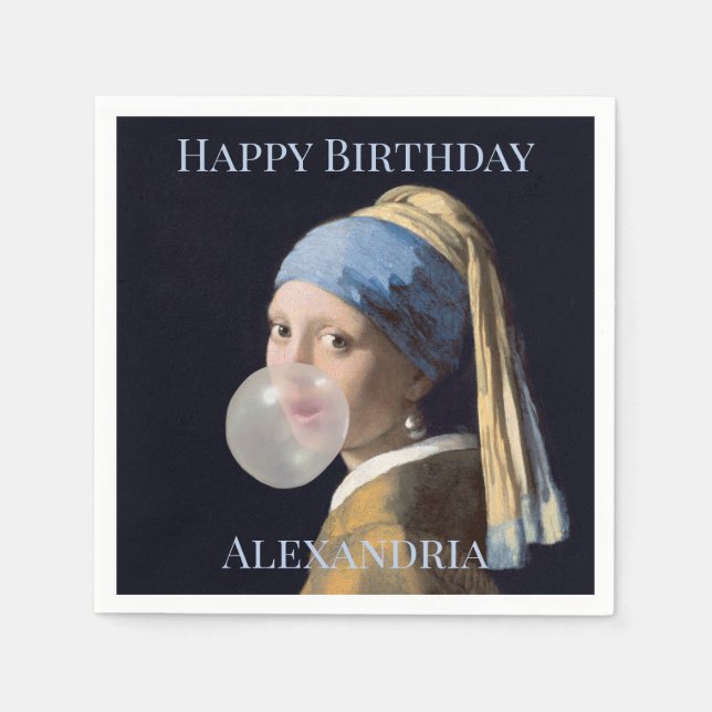 Personalize Girl with pearl earring blowing gum  Napkin (Front)