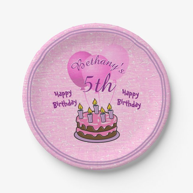 Personalize:  Girls 5th Birthday Textured Pink Paper Plate (Front)