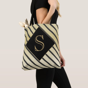 Personalize Girly Monogram Chic Black Gold Stripe Tote Bag