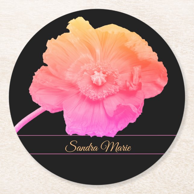Personalize Girly Pink Poppy flower round  Round Paper Coaster (Front)