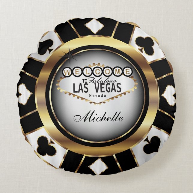 Personalize Gold, Black and White Poker Chip Round Pillow (Front)