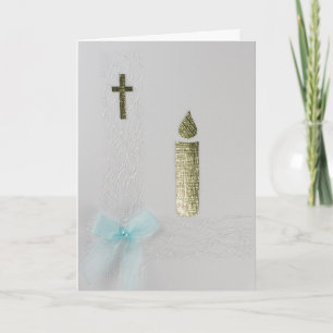 Personalize Gold Candle, holy cross and blue bow Card