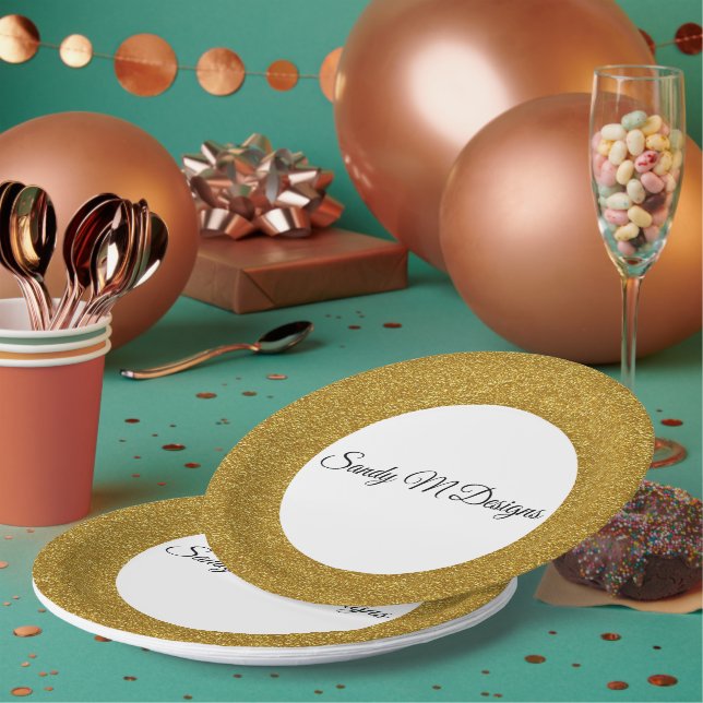 Personalize Gold Glitter Frame Image Your Name Squ Paper Plate (Multi)