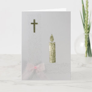 Personalize Gold Holy cross, candle and pink bow Card