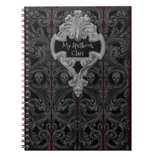 Personalize Goth Grey  Ornament & Skull Spellbook Notebook