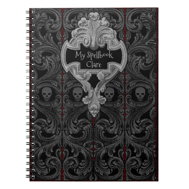 Personalize Goth Grey  Ornament & Skull Spellbook Notebook (Front)