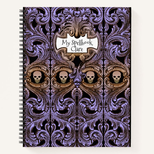 Personalize Goth Purple Ornament & Skull Spellbook Notebook (Front)