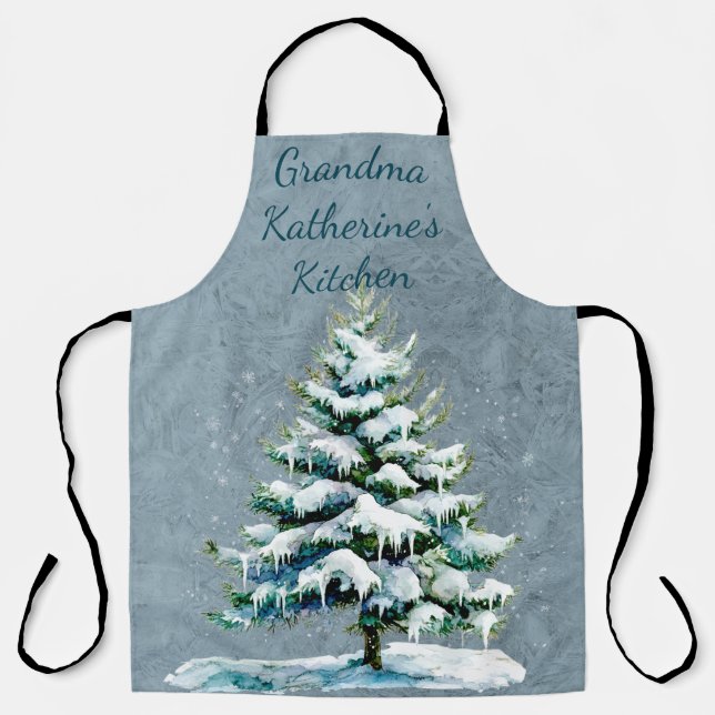 Personalize Grandma’s Winter Snowy Spruce Tree Apron (Front)