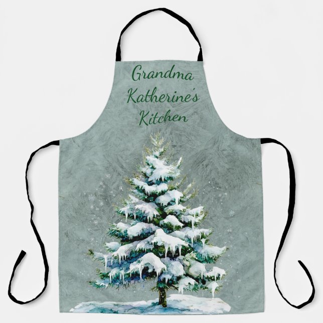 Personalize Grandma’s Winter Snowy Spruce Tree Apron (Front)