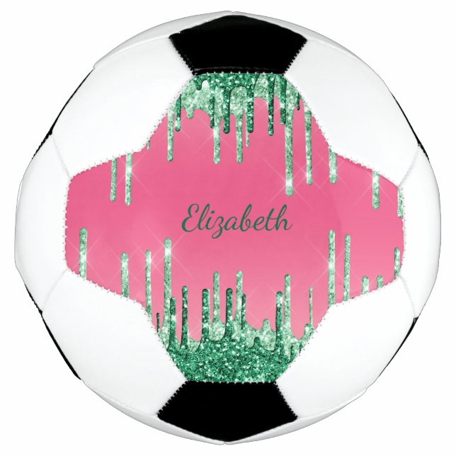 Personalize Green Glitter Drips Pink Trendy Glam  Soccer Ball (Front)