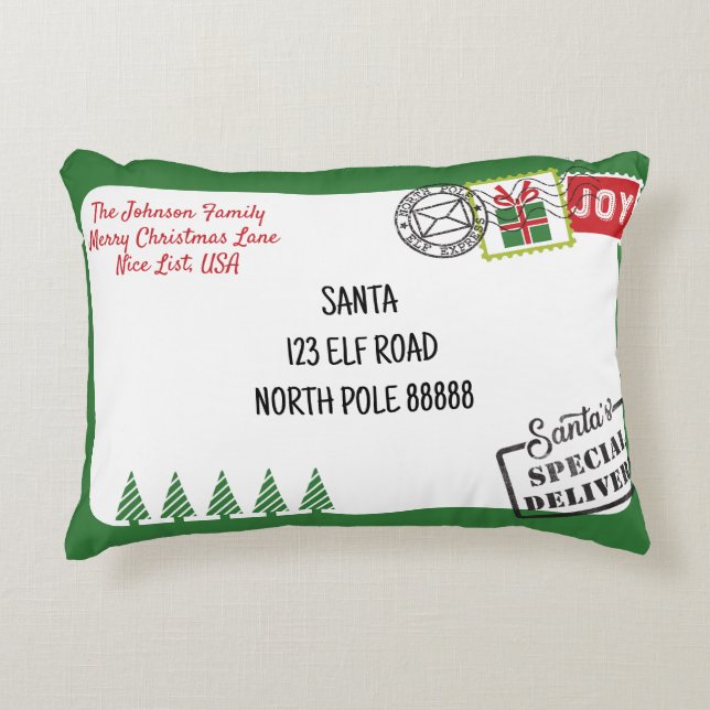 Personalize Green Santa Letter Christmas Accent Pillow (Front)
