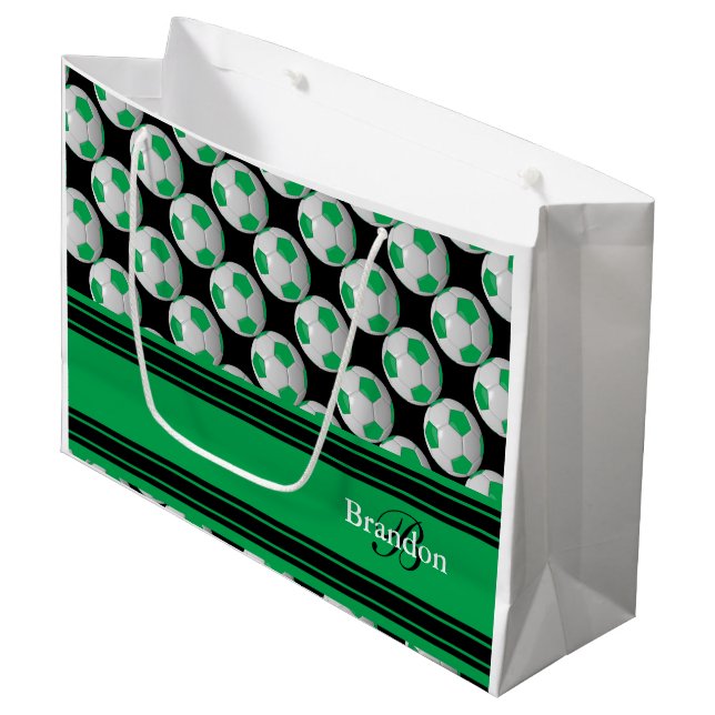 Personalize Green Soccer Balls Large Gift Bag (Front Angled)
