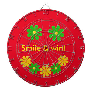 Personalize, green yellow smille flowers on red dartboard