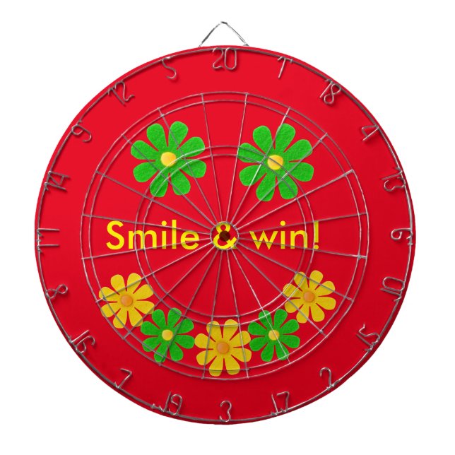 Personalize, green yellow smille flowers on red dartboard (Front)