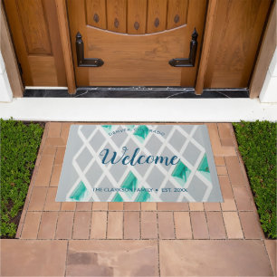 Personalize Grey Diamonds Teal Watercolor Diamonds Doormat