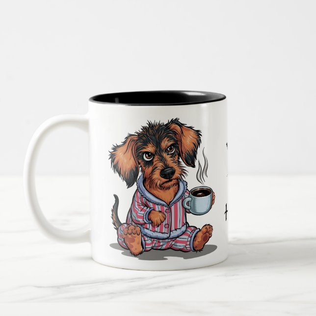 Personalize Grumpy Puppy Coffee Dachshund Dog Two-Tone Coffee Mug (Left)