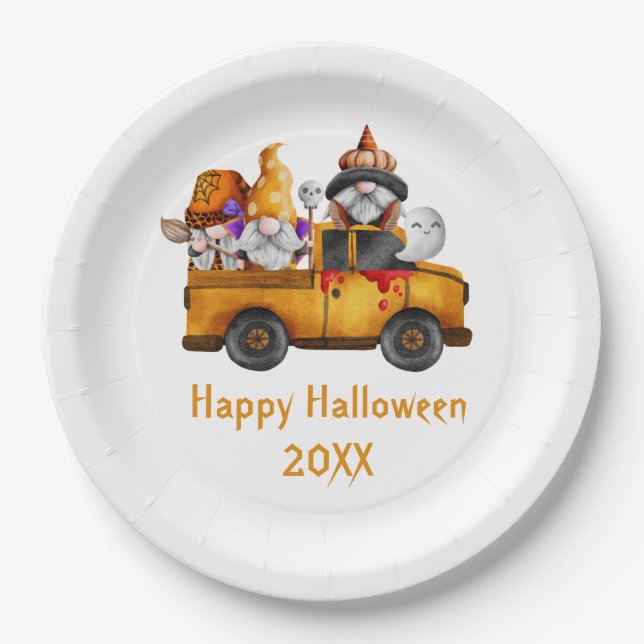Personalize Halloween Gnomes Orange Truck Paper Plate (Front)