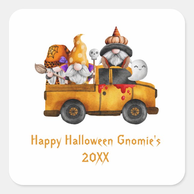 Personalize Halloween Gnomes Orange Truck Square Sticker (Front)