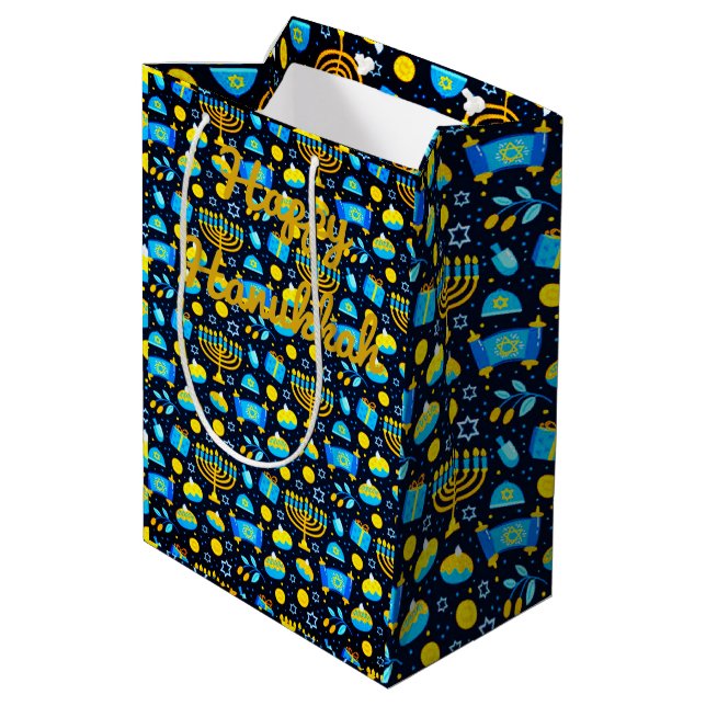Personalize HANUKKAH Blue Gold Gift Bag (Back Angled)
