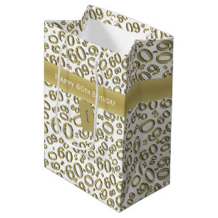 Personalize:  Happy 60th Birthday Gold/White (M) Medium Gift Bag