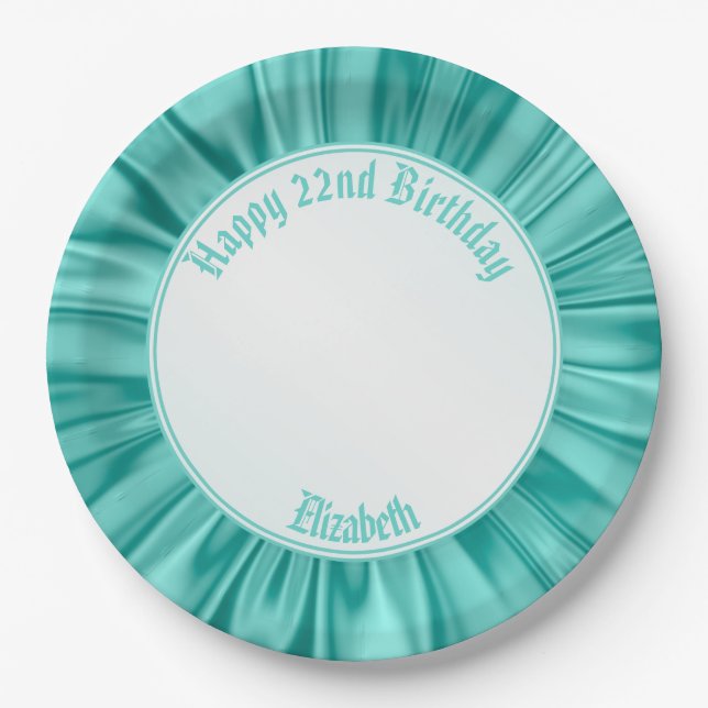 Personalize "Happy Birthday"  Faux Aqua Satin Paper Plate (Front)