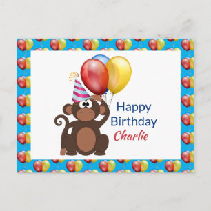 Personalize Happy Birthday Monkey and Balloons Postcard