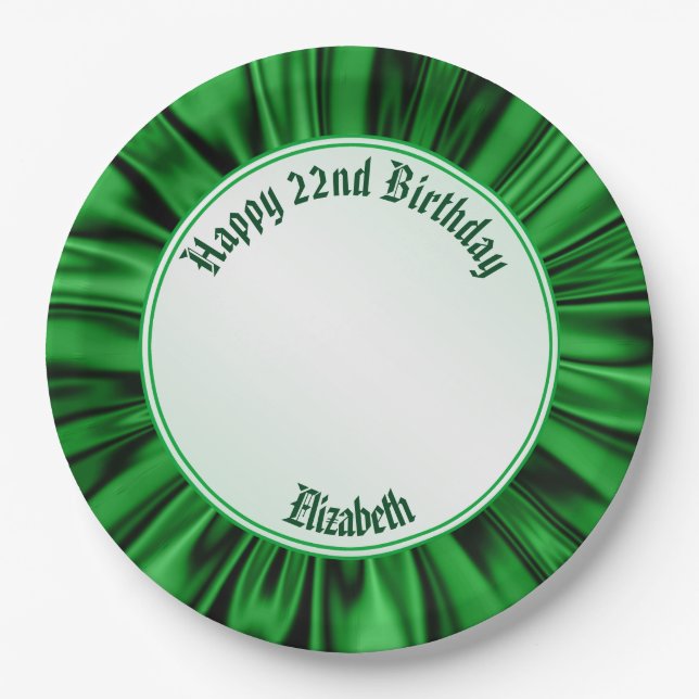 Personalize "Happy Birthday" on Faux Green Satin Paper Plate (Front)