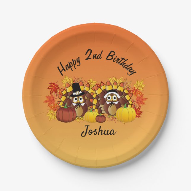 Personalize Happy Birthday Owl Turkey Pilgrims Paper Plate (Front)