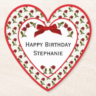 Personalize: Happy Birthday Red Roses Pattern Paper Coaster